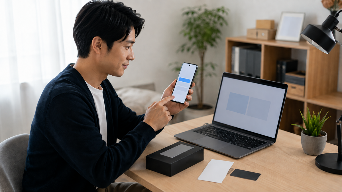 Galaxy Careの加入方法をスマホで確認する男性