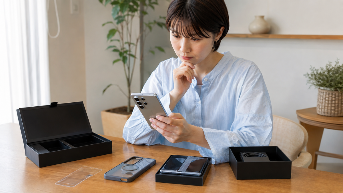 新しいGalaxyを購入し保証加入を検討する女性