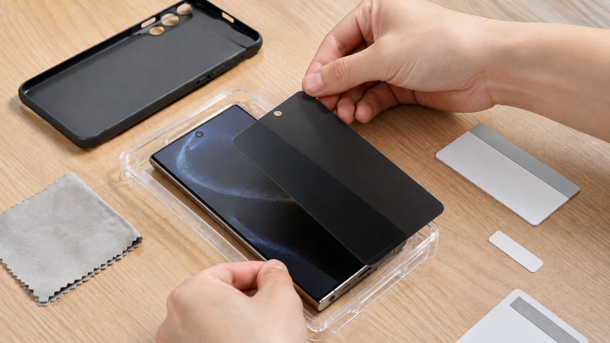 Galaxyにのぞき見防止フィルムを貼り付ける様子