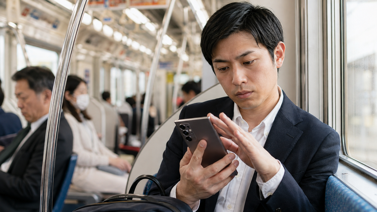 電車内でGalaxyを使い周囲からのぞき見を警戒する男性