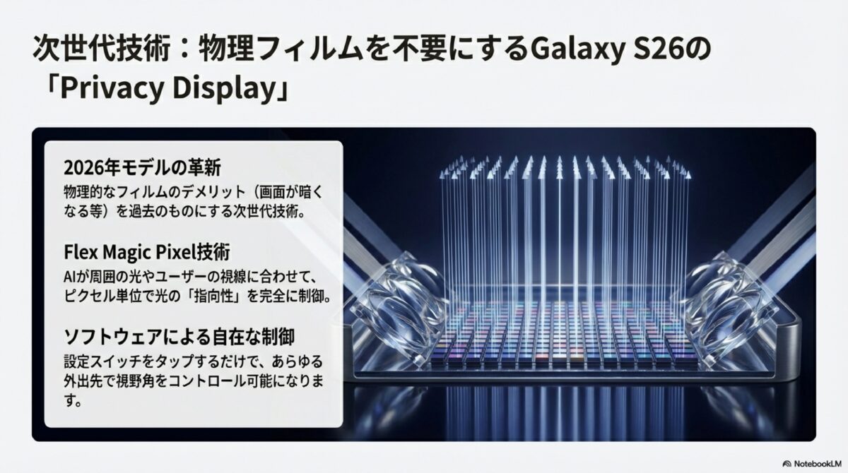 次世代技術：物理フィルムを不要にするGalaxy S26の「Privacy Display」