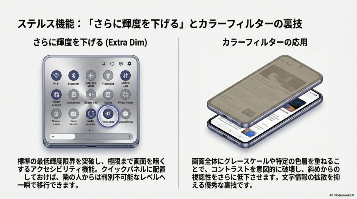 ステルス機能：「さらに輝度を下げる」とカラーフィルターの裏技