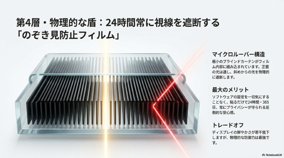 第4層・物理的な盾：24時間常に視線を遮断する「のぞき見防止フィルム」