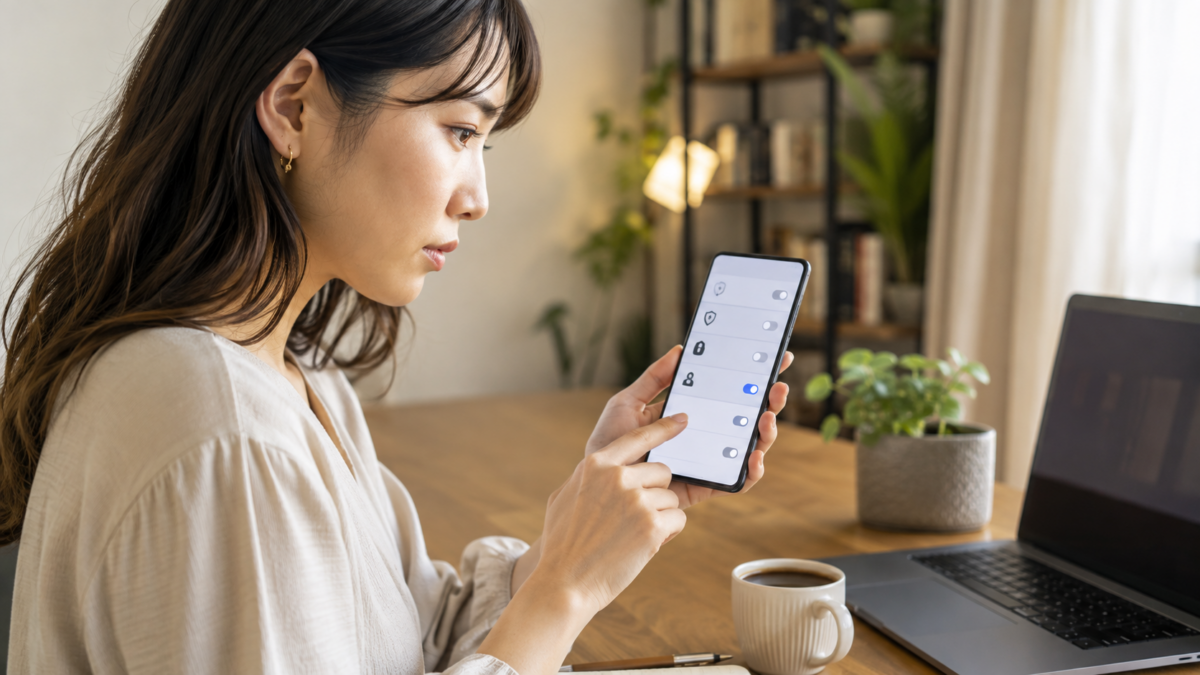 Galaxyののぞき見防止やプライバシー設定を確認する女性