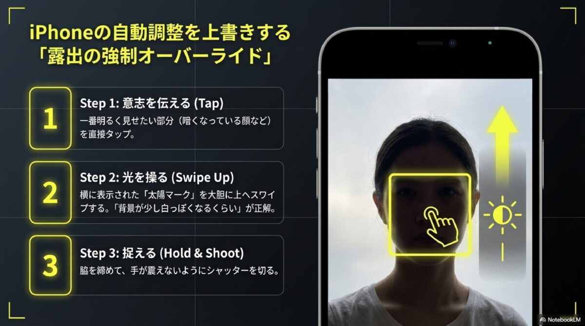 iPhoneの自動調整を上書きする「露出の強制オーバーライド」