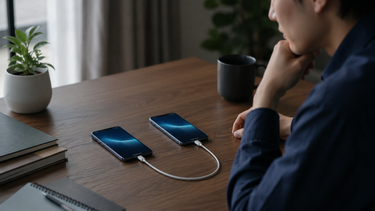 2台のiPhoneをケーブル接続して有線でデータ移行する様子