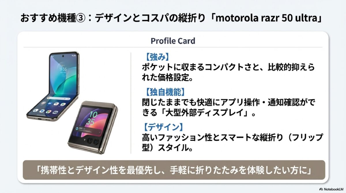 おすすめ機種③：デザインとコスパの縦折り「motorola razr 50 ultra」