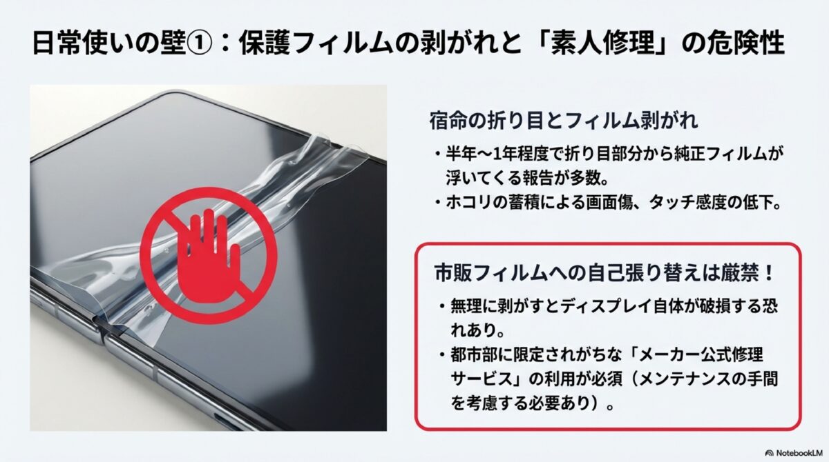 日常使いの壁①：保護フィルムの剥がれと「素人修理」の危険性