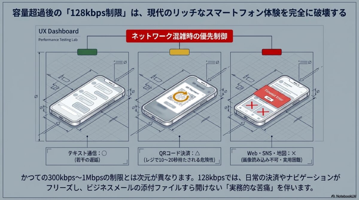 容量超過後の「128kbps制限」は、現代のリッチなスマートフォン体験を完全に破壊する