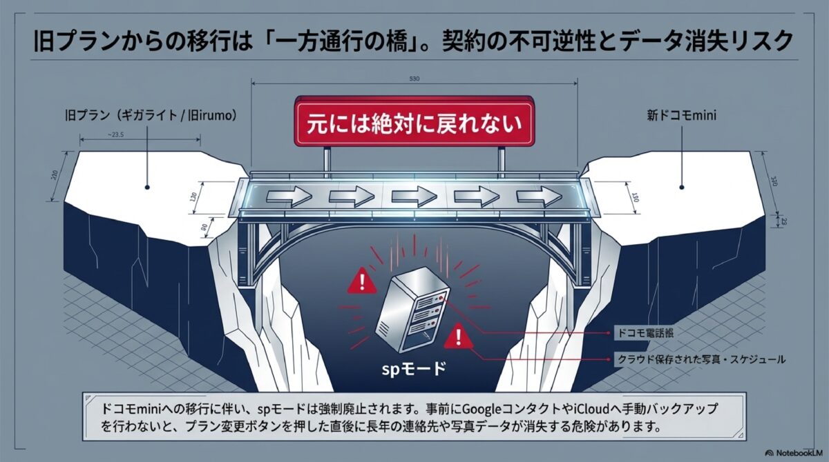 旧プランからの移行は「一方通行の橋」。契約の不可逆性とデータ消失リスク