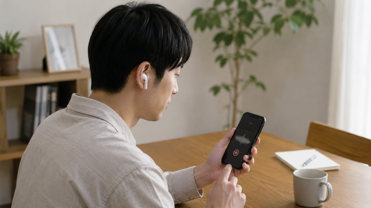 イヤホン接続中にiPhoneの画面録画を試す男性
