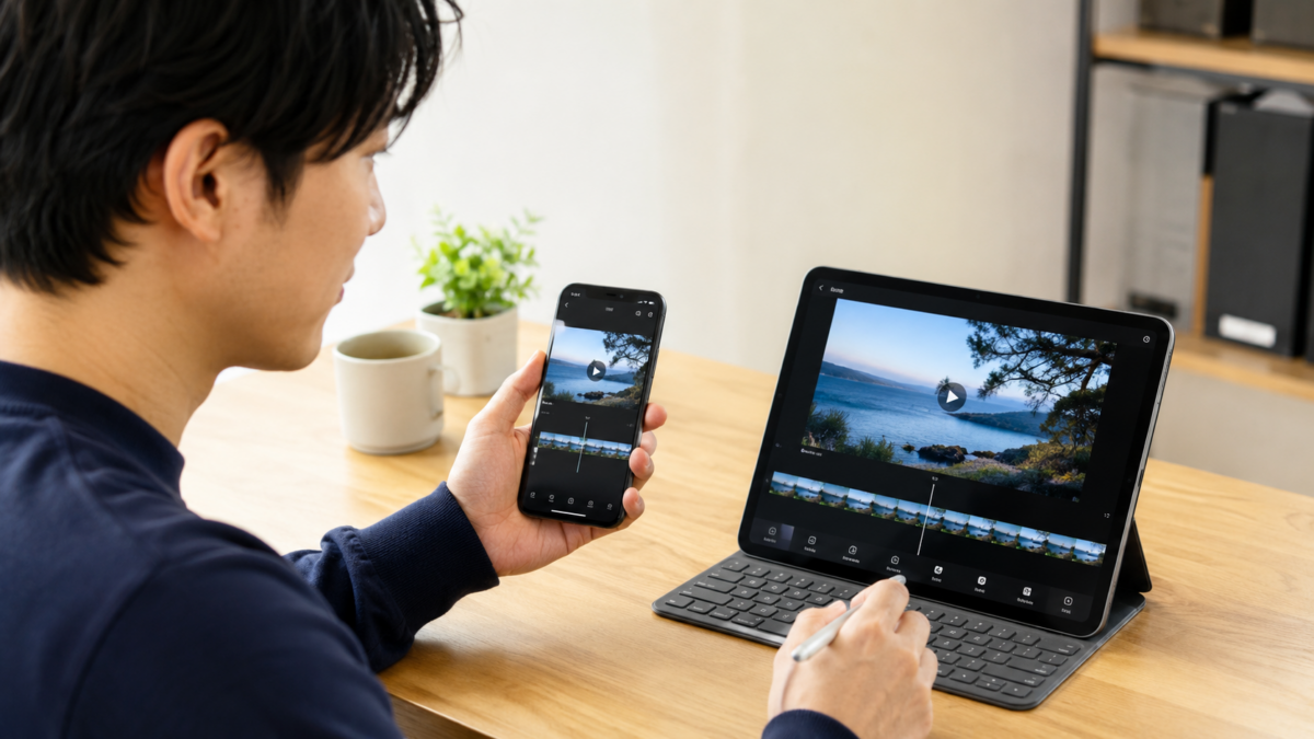 iPhoneで画面録画した動画の音声を編集する男性